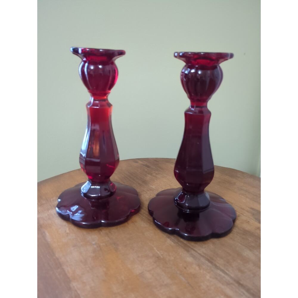 Rare Ruby Red Moser 114 Scalloped Candlesticks Vintage